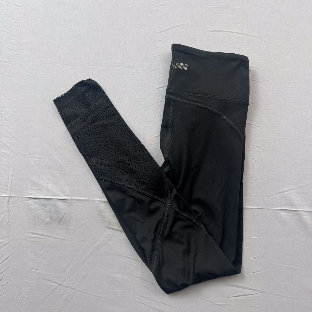 PINK‎ Victoria's Secret Sport Black Lace Mesh Panel High Waist Leggings XS